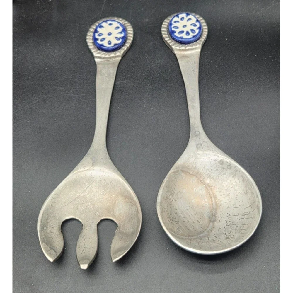 Albuhi Cast Aluminum Ceramic Salad Tossing Serving Set Fork Spoon Made in Mexico